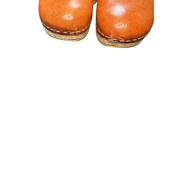 Swedish Hasbeens Brown Almond Toe T-Strap Wooden Block Heel Leather Clogs Size 5 - Picture 4 of 15